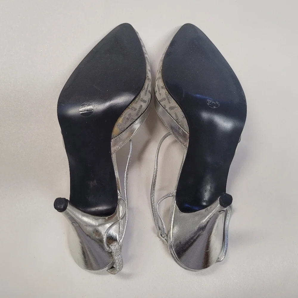 VINTAGE 90's Jacques Levine Silver Sheer Rhythm Kitten Heel Slingback Size 6 1/2
